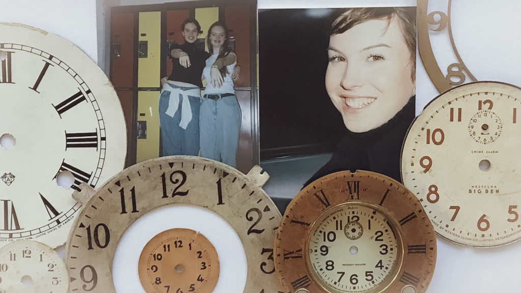 a collage showing two teen girls standing in front of lockers, a beautiful young woman smiling into the camera surrounded by vintage clock faces