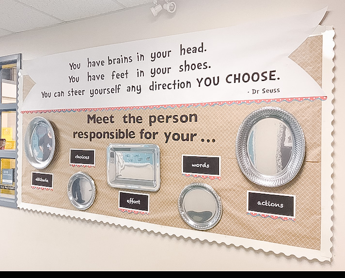 A school bulletin board, that says "meet the person responsible for your..." attitude, choices, effort, words, actions. A mirror hangs over each word. 